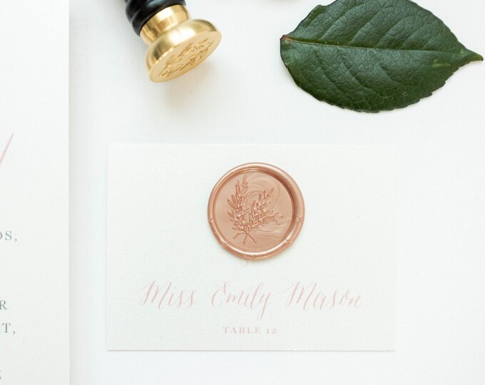 Blush Pink Modern Calligraphy Wedding Place Cards in Rose Gold with Printed Guest Names, Table Number & Wax Seal — Other Colors Available