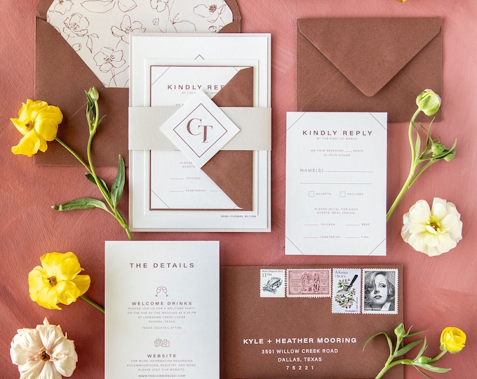 Monogram Wedding Invitation, Letterpress in Sepia and Sienna Brown Tones with Delicate Floral Envelope Liner & Belly Band — Different Colors