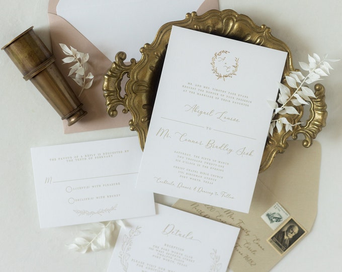 Beige and Blush Letterpress + Gold Foil Stamp, Formal Wedding Invitation with Delicate Monogram Envelope Liner — Other Colors Options!