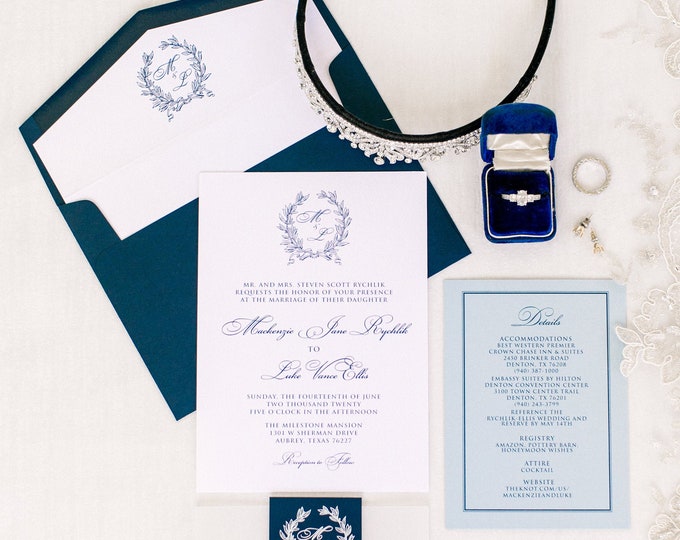 Navy & Dusty Blue Monogram Wedding Invitation with Traditional Formal Script, Details, Vellum Band, Liner + Address Printing — Other Colors!