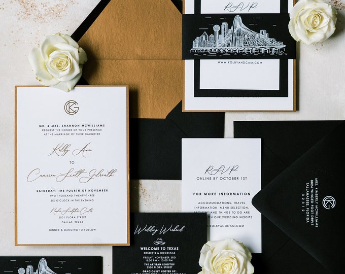 Modern Metallic Gold Foil & Black Wedding Invitation with Monogram, Dallas Skyline Bellyband, Envelope Liner — Different Color Options