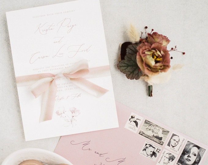 Blush & Grey Soft, Delicate Floral Wedding Invitation with Modern Calligraphy and Mauve Envelope with Addressing - Other Colors Available