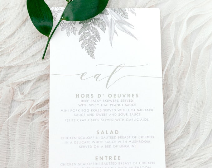 Simple Neutral Greenery Leaves Green, Ivory Beige and Gold Printed Wedding Menu - Other Color Options!