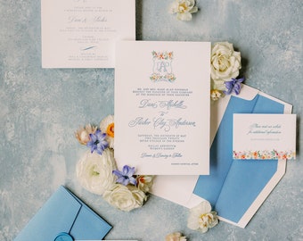 Custom Water Color Monogram Crest in Blue with Colorful Floral, Envelope Liner and Guest Addressing — Other Colors Available!