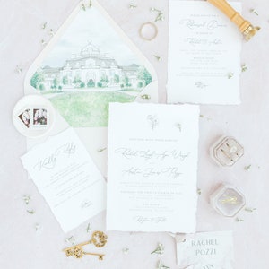 Floral Wedding Invitation: Watercolor Venue, Calligraphy, Ivory & Pink