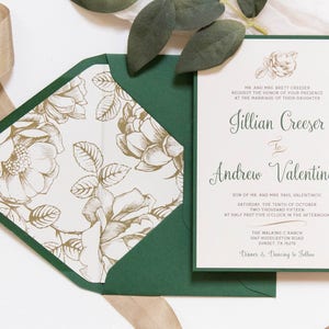 5x7 Metallic Gold Floral & Forest Green Wedding Invitation with Directions Insert, Postcard RSVP and Envelope Liner. Different Color Options image 1