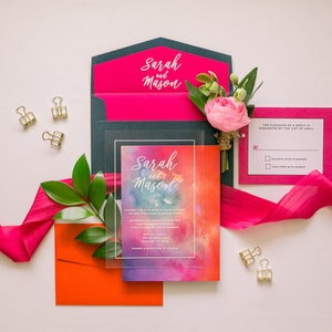 Modern White Ink Wedding Invitation on Crystal Clear Film Transparent Like Acrylic with Bright Colorful Water Color Liner & Addressing image 1