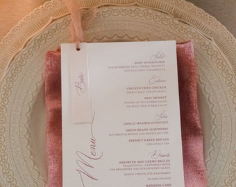 Simple Blush and White Wedding Menu with Pale Pink Place Card Escort Card Tag Attached with Silk Ribbon — Different Colors Available!