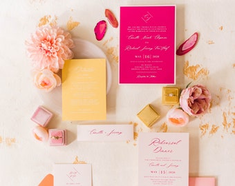 Modern + Bright Wedding Invitation in Hot Pink with White Ink, Yellow, Orange and Pale Pink with Belly Band — Other Colors Available!