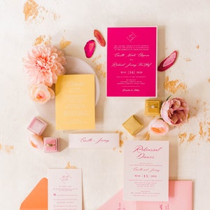 Modern + Bright Wedding Invitation in Hot Pink with White Ink, Yellow, Orange and Pale Pink with Belly Band — Other Colors Available!