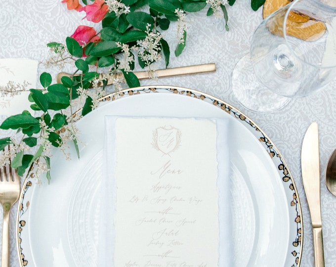 Calligraphy Monogram Crest Greenery Leaves Champagne Gold & Ivory Calligraphy Modern Printed Wedding Menu