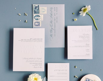 Wedding Invitation in Pale Blue, Minimalist Style with Blind Emboss Couple's Names with Modern Serif Type — Other Colors Available