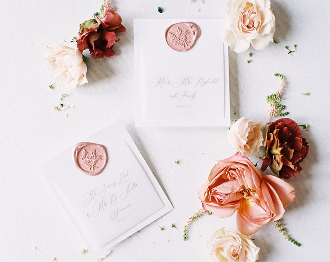 Vellum Overlay Wedding Escort Cards Cards with in Blush Pink Delicate Calligraphy Script and Wax Seal with Guest Name