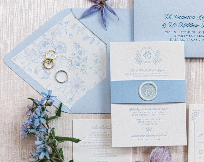 Letterpress Monogram Wedding Invitation in Pale Blue with Belly Band, White Wax Seal and Floral Envelope Liner — Other Colors Available!