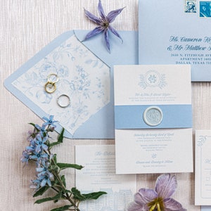 Letterpress Monogram Wedding Invitation in Pale Blue with Belly Band, White Wax Seal and Floral Envelope Liner — Other Colors Available!