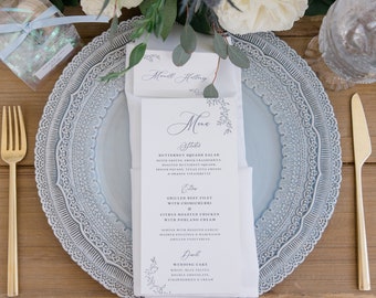 Navy Blue & White Floral Wedding Menu with Simple Modern Calligraphy Script — Available in Other Colors!