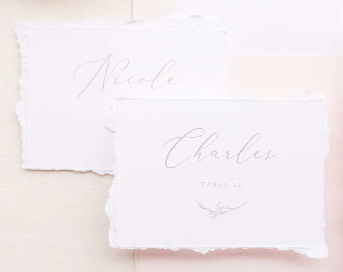 Delicate Floral Calligraphy Wedding Place Cards Escort Cards in Grey with Deckled Torn Edges Printed Guest Names