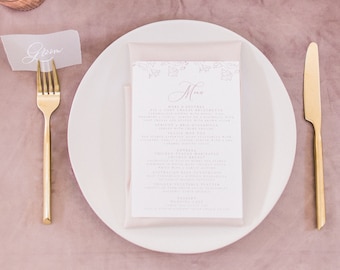 Blush Pink & White Floral Wedding Menu with Simple Modern Calligraphy Script — Available in Other Colors!