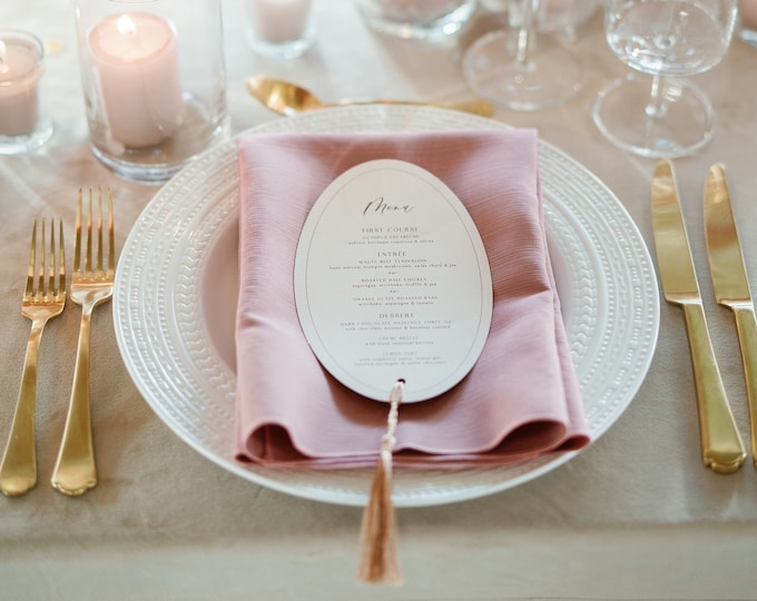 Oval Die Cut Shaped Wedding Menu with Gold Tassel in Pink and Burgundy — Different Colors Available!