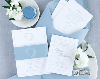 Letterpress Wedding Invitation in Pale Blue with Delicate Greenery Monogram Crest with Belly Band— Other Colors!