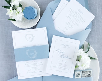 Letterpress Wedding Invitation in Pale Blue with Delicate Greenery Monogram Crest on Double Thick Card Stock with Belly Band— Other Colors!