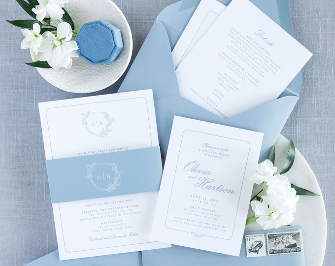 Letterpress Wedding Invitation in Pale Blue with Delicate Greenery Monogram Crest on Double Thick Card Stock with Belly Band— Other Colors!