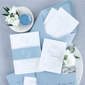 Letterpress Wedding Invitation in Pale Blue with Delicate Greenery Monogram Crest with Belly Band— Other Colors!