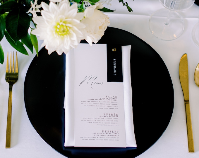 Modern Minimal Place Card + Simple Wedding Menu Combination Bound with Grommet in Black &  White with  Printed Menu — Other Colors!