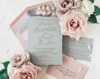 Grey, Blush & Metallic Gold Wedding Invitation with Torn Edges, Water Color Envelope Liner, RSVP and Addressing — Other Colors Available