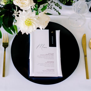 Modern Minimal Place Card + Simple Wedding Menu Combination Bound with Grommet in Black &  White with  Printed Menu — Other Colors!