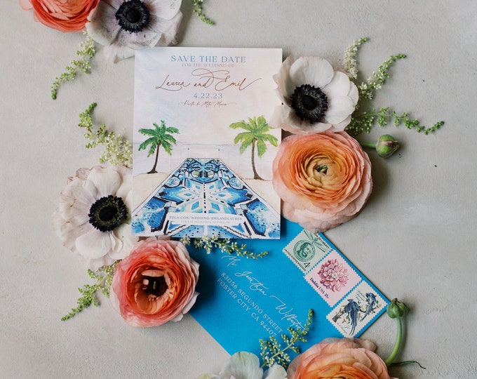 Tropical Beach Destination Save the Date with Custom Ceremony Watercolor Illustration + Envelope and Guest Addressing — Different Colors!