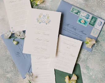 Wedding Invitation with Winery Inspired Water Color Monogram with Deckled Edges in Shades of Dusty Blue, Green and Yellow — Other Colors!