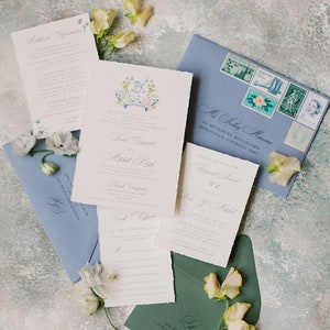 Wedding Invitation with Winery Inspired Water Color Monogram with Deckled Edges in Shades of Dusty Blue, Green and Yellow — Other Colors!