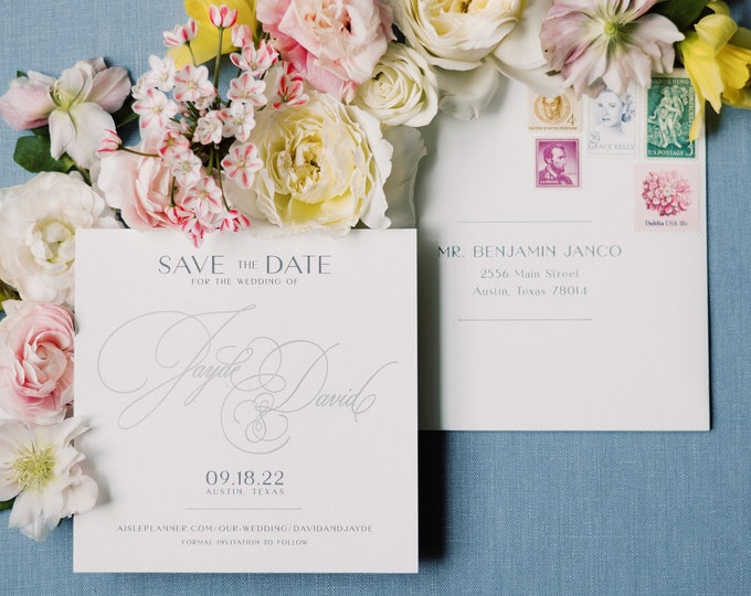 Modern Minimal Save the Date with Silver Foil Stamp with Engagement Photo on Back with Envelope and Addressing — Other Color Options!