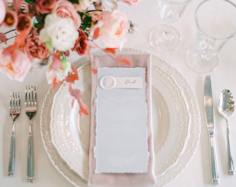 Wedding Place Card Menu: Grey, Ivory, Ripped Edges, Calligraphy