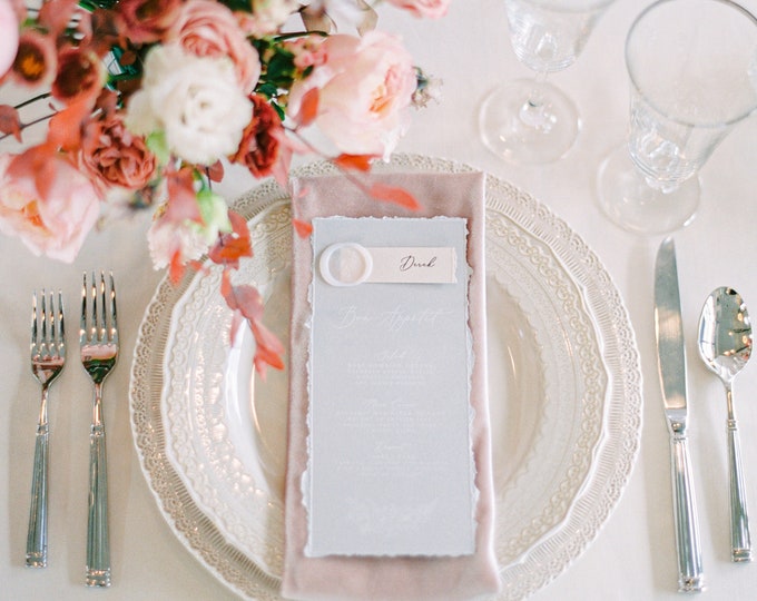 Place Card + Wedding Menu Combo in Grey, Ivory & White with Ripped Edges, Calligraphy Script and Wax Seal, Printed Menu — Other Colors!