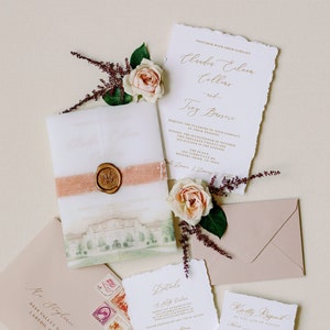 Custom Water Color Illustration of Wedding Venue on Vellum Wrap with Torn Edges, Calligraphy, Velvet and Wax Seal - Other Colors Available