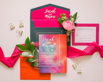 Modern White Ink Wedding Invitation on Crystal Clear Film Transparent Like Acrylic with Bright Colorful Water Color —  Liner & Addressing