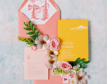 Modern + Bright Destination Wedding Invitation in Colorado — Coral, Pink and Yellow with Envelope Liner — Other Colors Available!