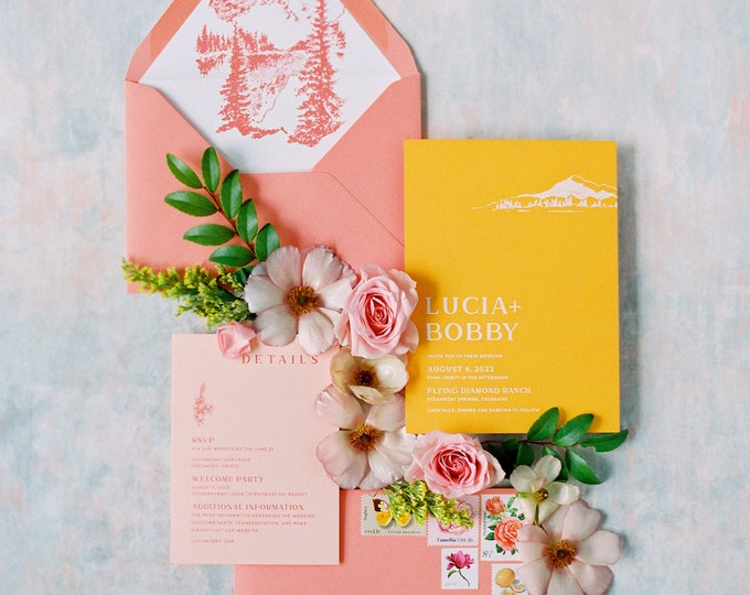 Modern + Bright Destination Wedding Invitation in Colorado — Coral, Pink and Yellow with Envelope Liner — Other Colors Available!