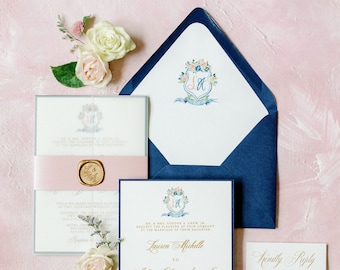 Custom Floral Water Color Monogram Crest in Navy Blue, Blush & Gold Thermography with Envelope Liner and Guest Addressing — Other Colors!