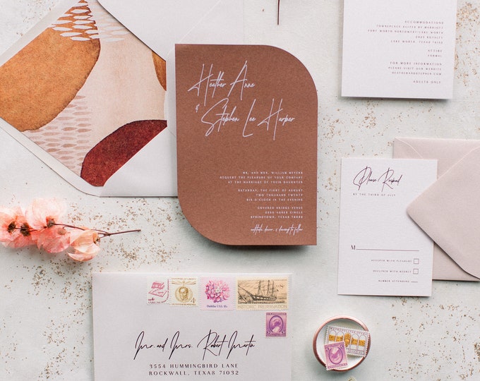 Modern Die Cut Shape Wedding Invitation with White Ink, Abstract Design in Sepia, Terra-Cotta, Taupe, Peachy Pink and Earth Tones