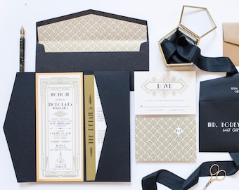 4x9 OR 5x7 Pocket Art Deco Great Gatsby Themed Gold and Black Wedding Invitation, Envelope, Details & RSVP