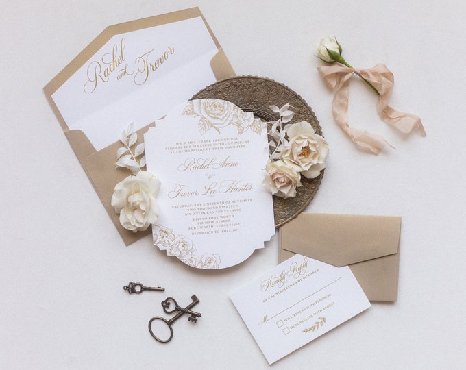 Elegant Die Cut Wedding Invitation in Bold and White with Vintage Floral and Gold Envelopes with Guest Addressing — Other Color Options!