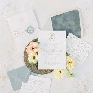 Hochzeitseinladung aus Pergament, Kordel und Wachssiegel mit Goldfolienflocken, individuellem Monogramm, Samtumschlageinlage & Thermografie — Andere Farben