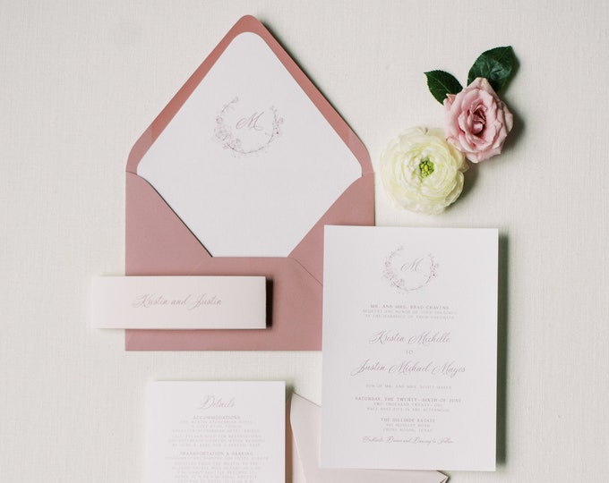 Blush, Rose and Pale Pink Wedding Invitation with Rose Wreath Monogram, Envelope Liner + Guest Address Printing — Other Color Options!