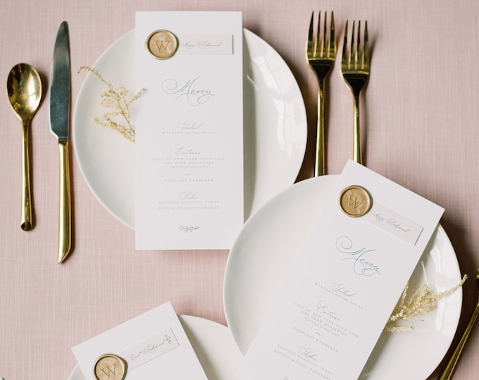 Place Card + Wedding Menu Combo in Grey, Ivory & White with Ripped Edges, Calligraphy Script and Wax Seal, Printed Menu — Other Colors!