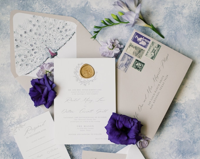 Wedding Invitation with Romantic Line Drawn Illustrations and Monogram with Gold Wax Seal, Envelope Liner Featuring Purple and Grey Peacock