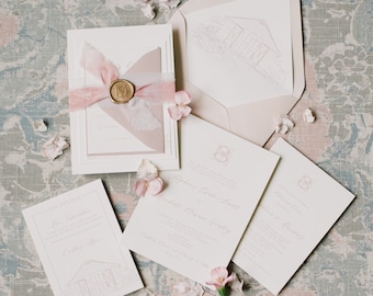 Wedding Invitation with Custom Venue Sketch Illustration in Pale Blush with Silk Ribbon and Gold Wax Seal Monogram - Other Colors Available!