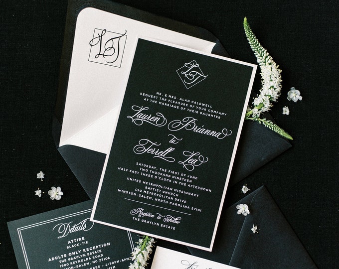 Classic & Modern Black and White Wedding Invitation with Simple Monogram and Formal Script - Different Color Options!